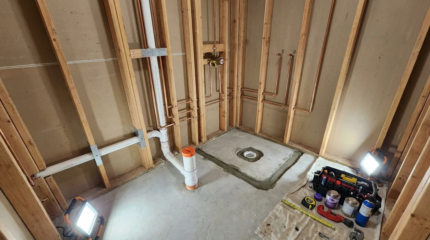 Bathroom rough-in plumbing during remodel by Johns Plumbing LLC in Coupeville