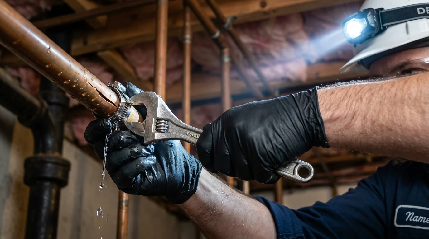 Emergency pipe clamp repair being performed by a Johns Plumbing LLC plumber in Coupeville