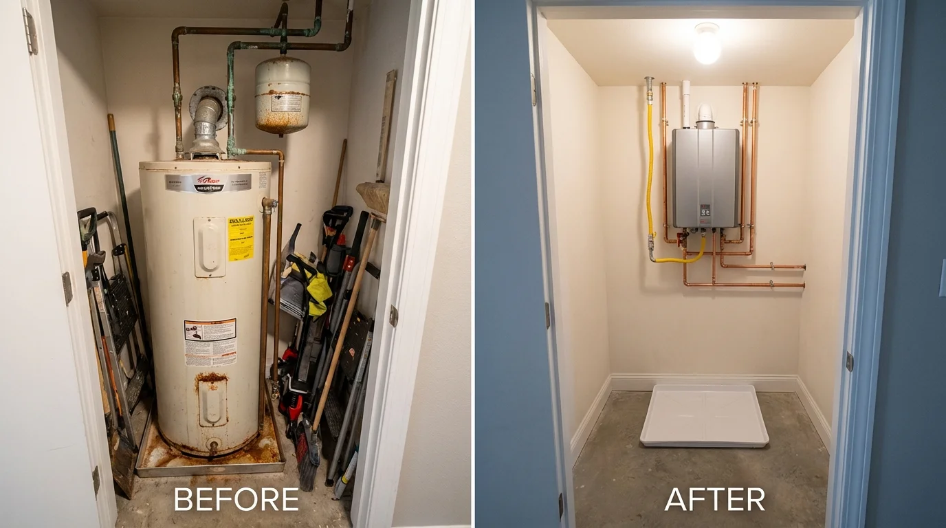 Tank water heater versus wall-mounted tankless unit comparison for Coupeville, WA homeowners