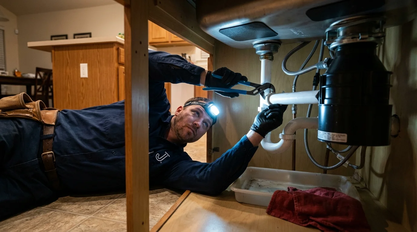 P-trap and supply line connections under a kitchen sink showing a common leak point in Coupeville, WA